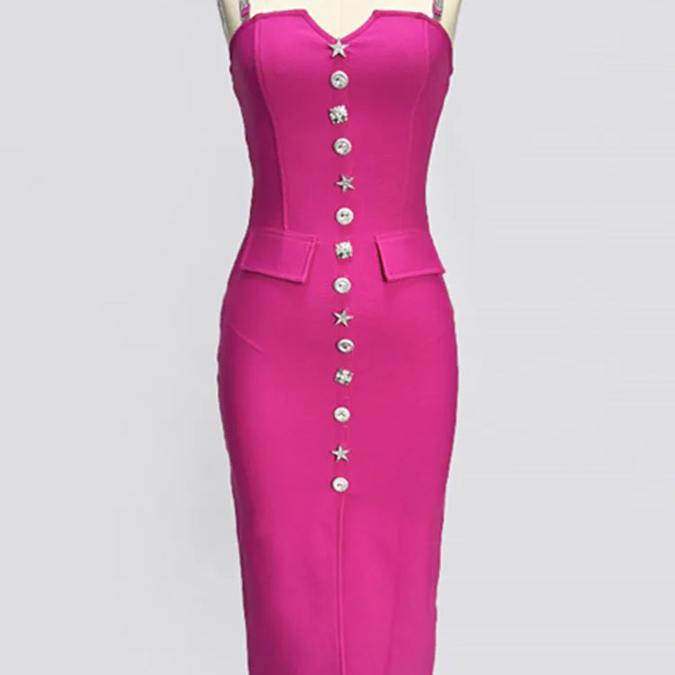 Women Celebrity Sexy V Neck Backless Button Hot Pink Midi Bodycon Bandage Dress 2024 Elegant Evening Club Party Outfit