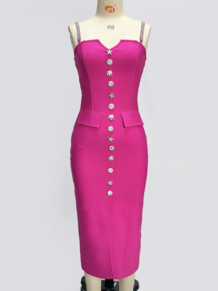 Women Celebrity Sexy V Neck Backless Button Hot Pink Midi Bodycon Bandage Dress 2024 Elegant Evening Club Party Outfit