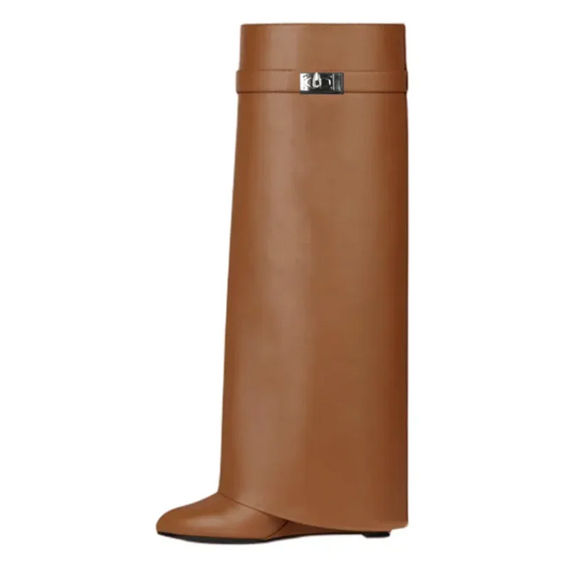 Shark Lock Women Boots Brand Design Genuine Leather Slip-on Knee High Boots For Woman Motorcycle Botas Mujer Fashion Wedge Shoes