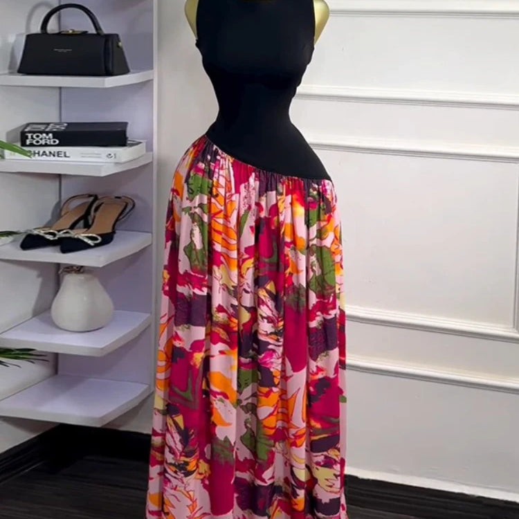 CM.YAYA Women Sleeveless with Sashes Printed Patchwork Tank Long Maxi Dress 2025 Birthday Evening Sexy Party Dresses Vestidos