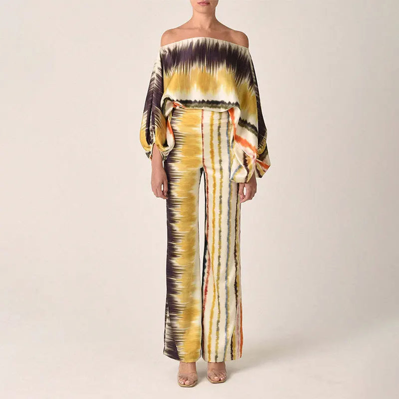 Women Fashion Hollow Off Shoulder Tops With Long Pants Office Lady 2 Piece Sets New Casual Wide Leg Pants Suits Yellow-gradient