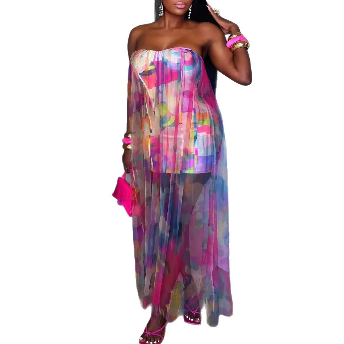 CM.YAYA Women Sleeveless Tie Dye Print Strapless Mesh Bodycon Midi Long Maxi Dress 2025 Birthday Club Party Vestido Sexy Dresses