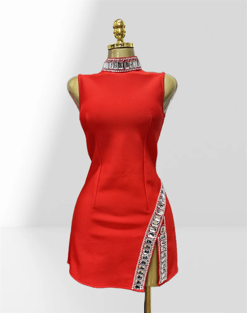 New Summer Super shining Diamonds O-neck Sleeveless Bandage Mini Dress Fashion Woman Birthday Party Dress Music Festival Outfit