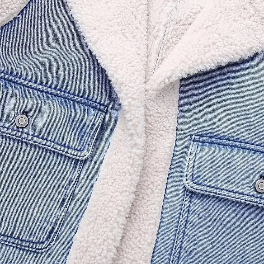 Women Fashion Turn Down Collar Lamb PatchworkWashed Denim Vest Jacket Female Sleeveless Pockets WaistCoat Tops