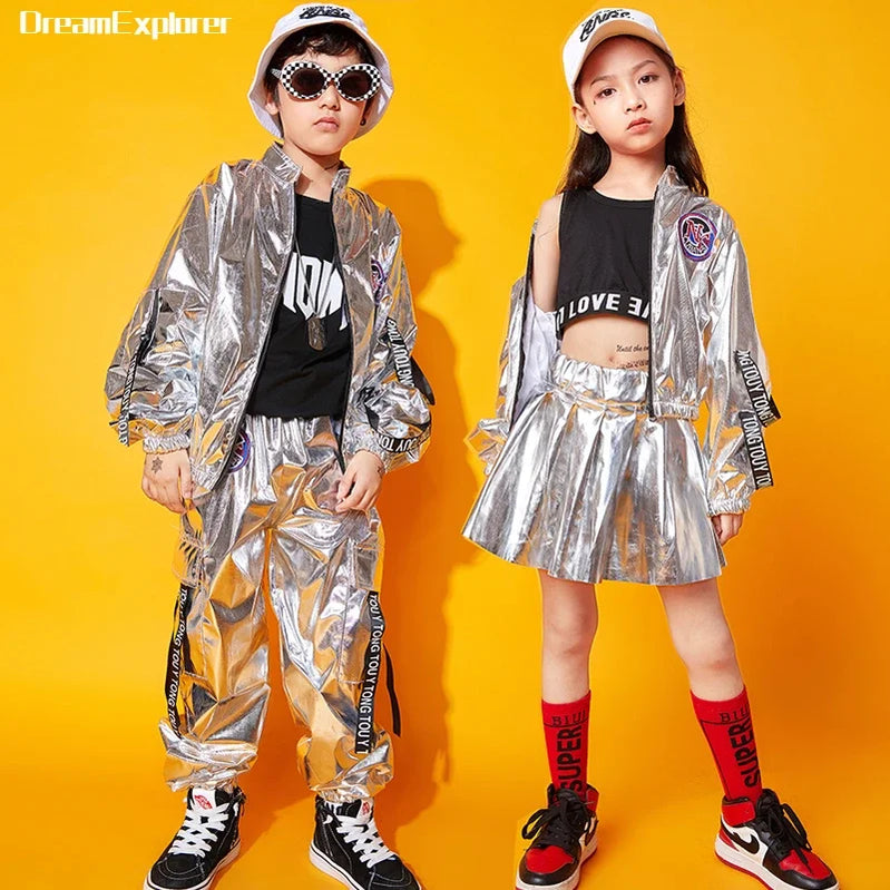 Hip Hop Boys Silver Jacket Girls Jazz Jazger Pants Street Dance Mini Falda Juntos de ropa de lentejuelas