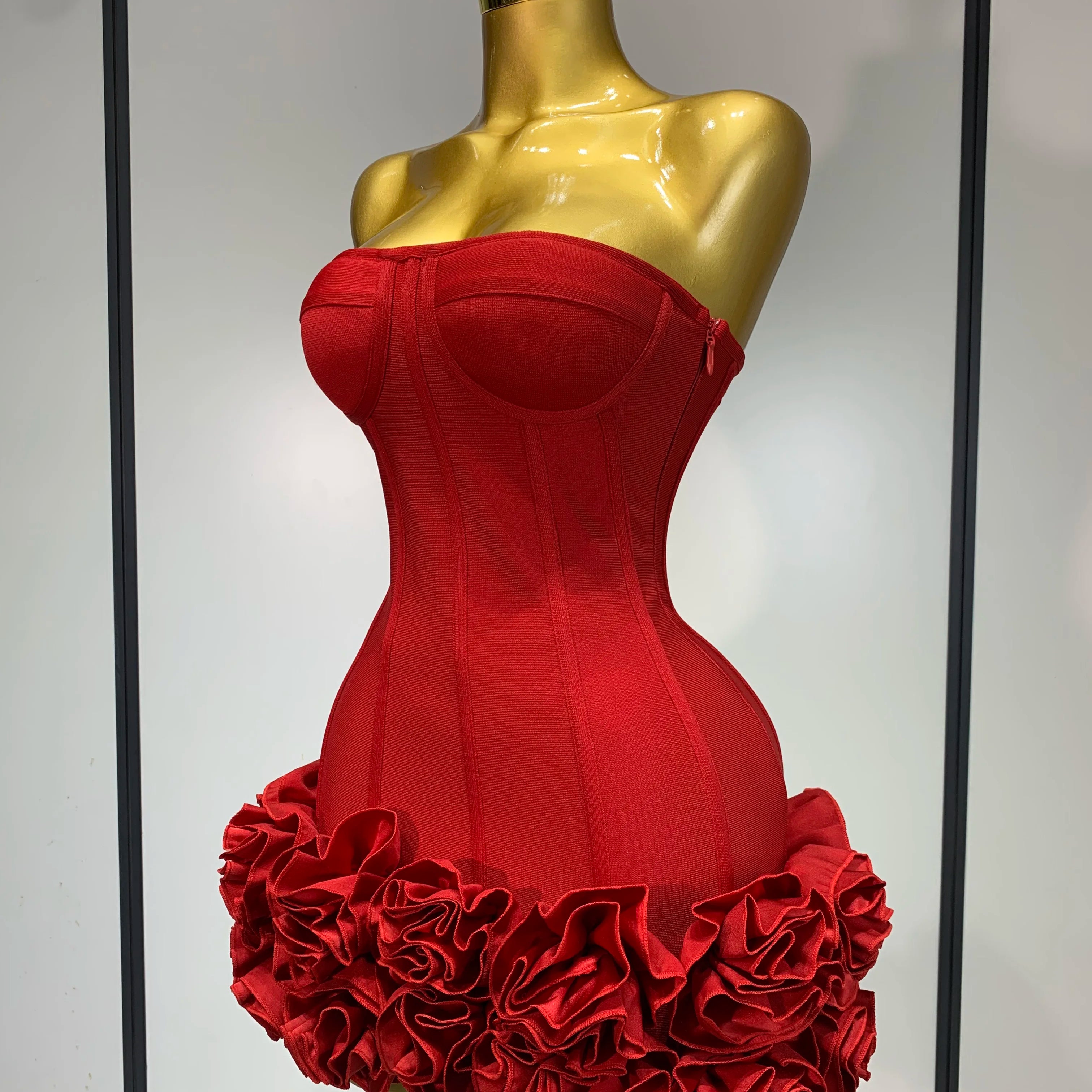 Women Sexy Strapless Backless Flower Embellished Mini Bandage Dress Bodycon Celebrity Party Cocktail Evening Party Club Dresses