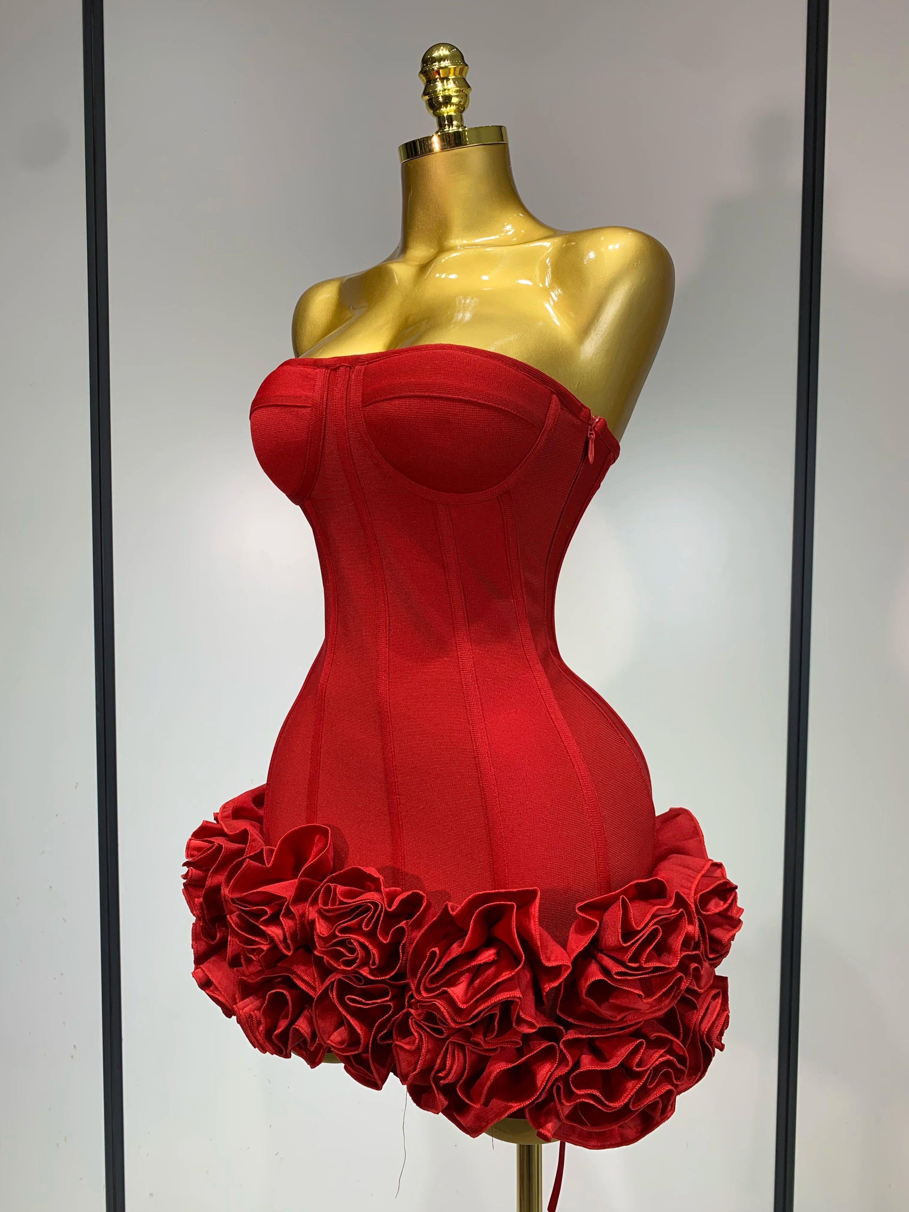 Women Sexy Strapless Backless Flower Embellished Mini Bandage Dress Bodycon Celebrity Party Cocktail Evening Party Club Dresses