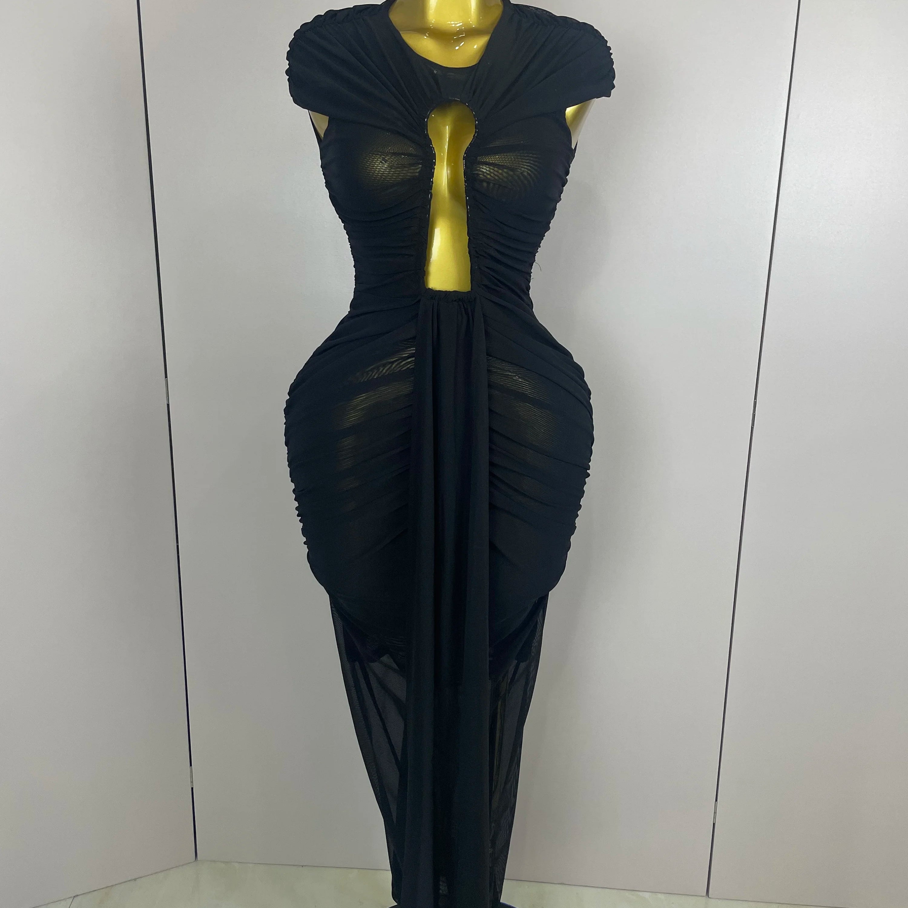 Sexy Sleeveless O-Neck Bodycon Mesh Long Dress 2025 Women Hollow Out Celebrate Fashion Show Celebrity Evening Party Club Dress