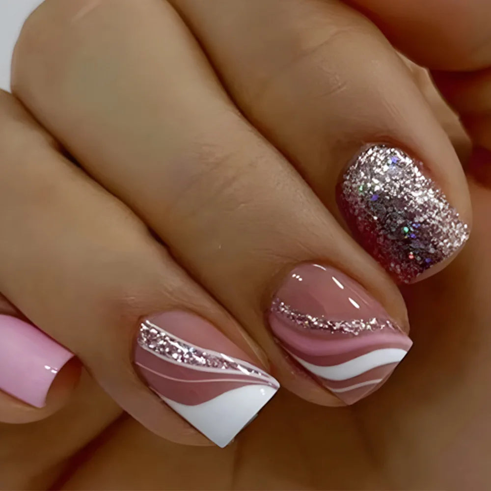 24pcs/set short Medium fake nails square ballet almond nail tips pink beautiful heart for Valentine's Day press on false nails