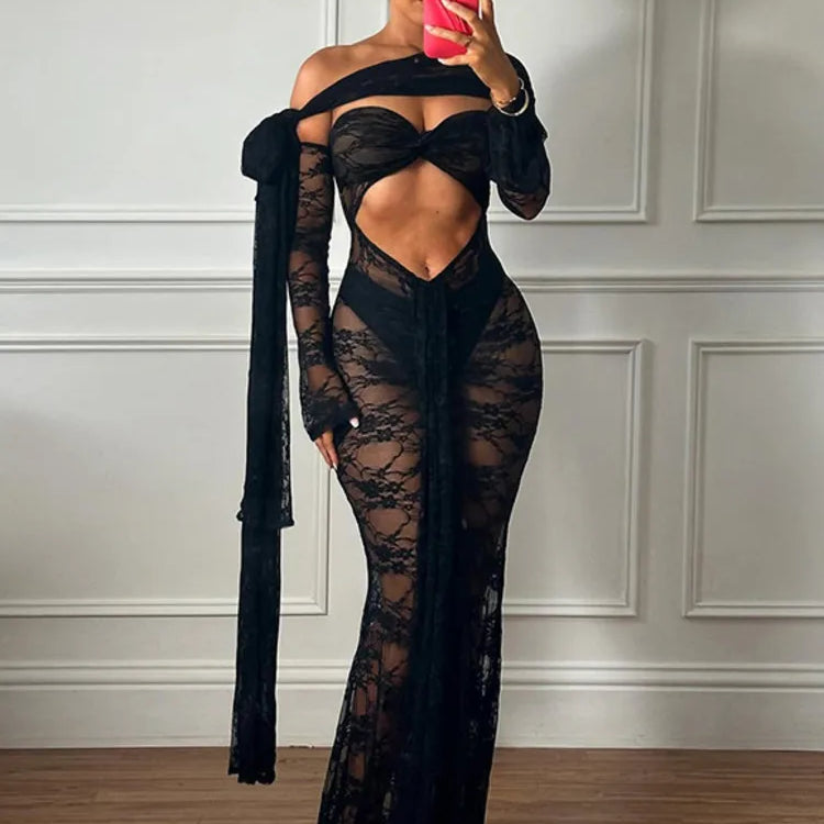 Lace See Through Strapless Sexy Maxi Dress For Women Gown Halter Hollow Out Sleeveless Backless High Split Long Dress