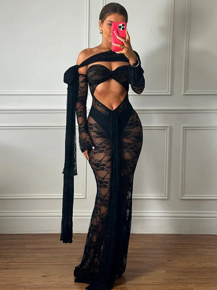 Lace See Through Strapless Sexy Maxi Dress For Women Gown Halter Hollow Out Sleeveless Backless High Split Long Dress