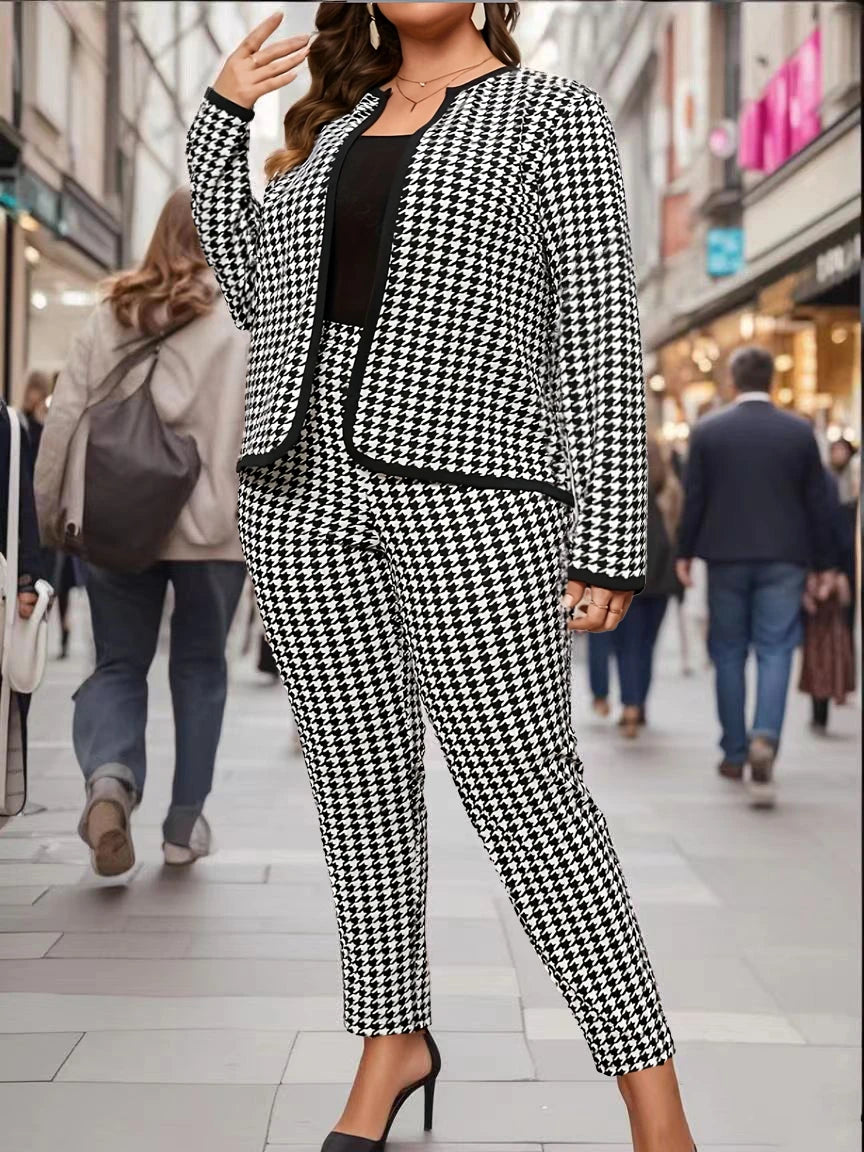 Large size directional elegant and fashionable houndstooth round neck women's long pants set, casual and versatile spring and au