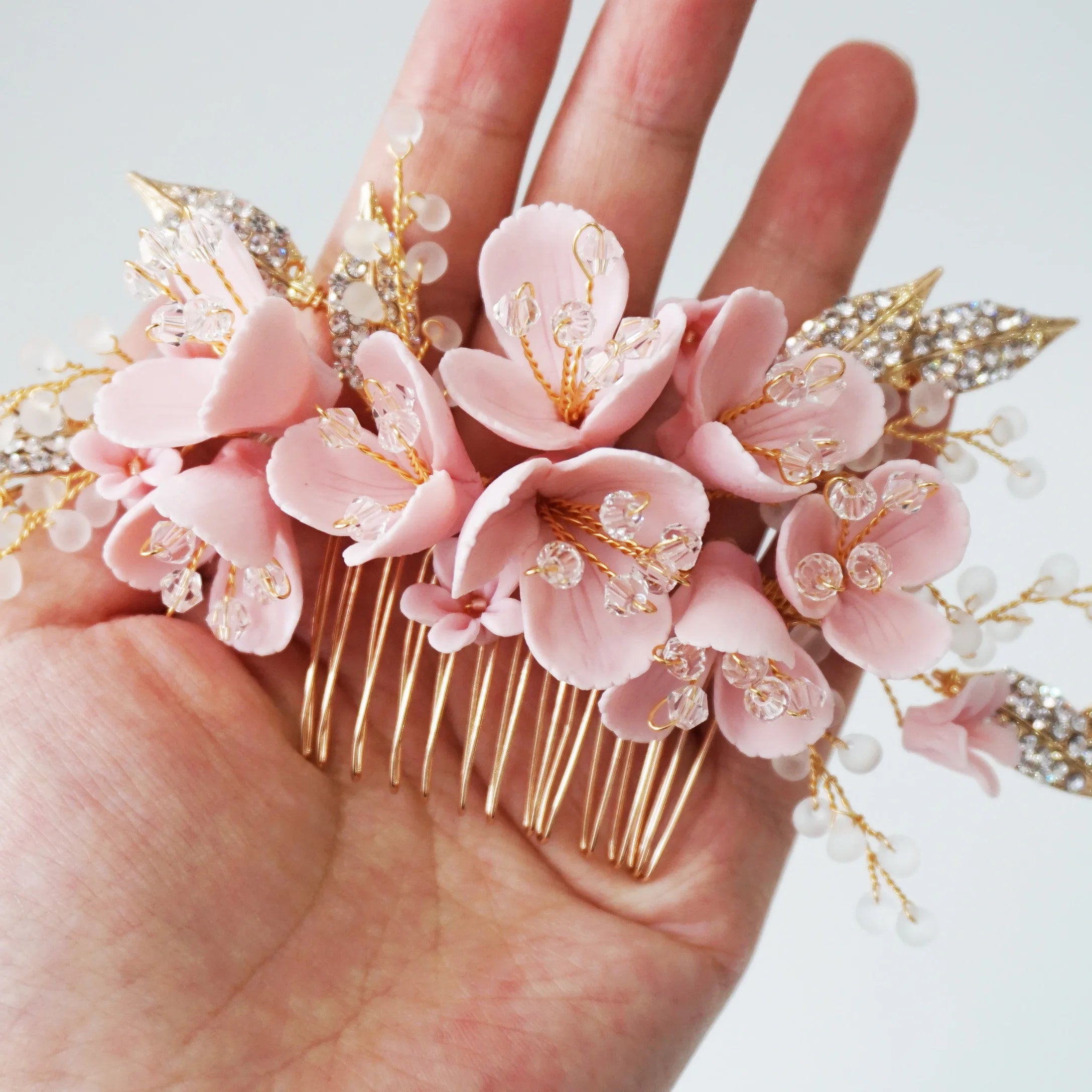 Pink Flower Bridal Hair Comb Rhinestone Leaf Headpiece Wedding Hair Jewelry Handmade Women Accessories