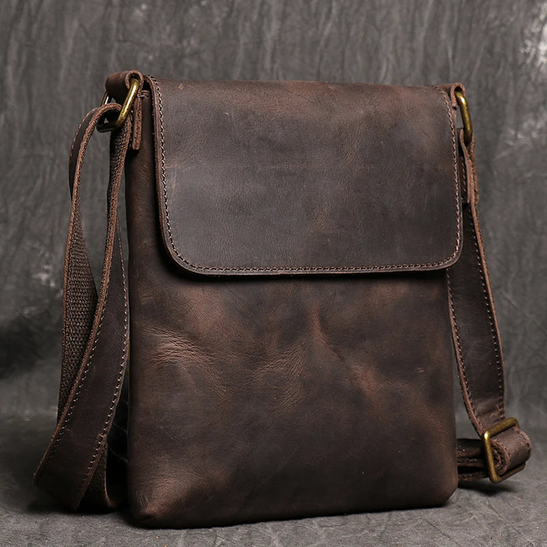 Leather Daily Casual Shoulder Bag for Men Small Dark Brown Vintage Messenger Bag Men's New Fashion Design Sling Bags