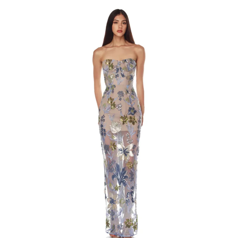 Sequin Flower Embroidery Sexy Mesh See Through Strapless Ankle Length Dress Woman Evening Party Dress Celebrity Cocktail Vestido