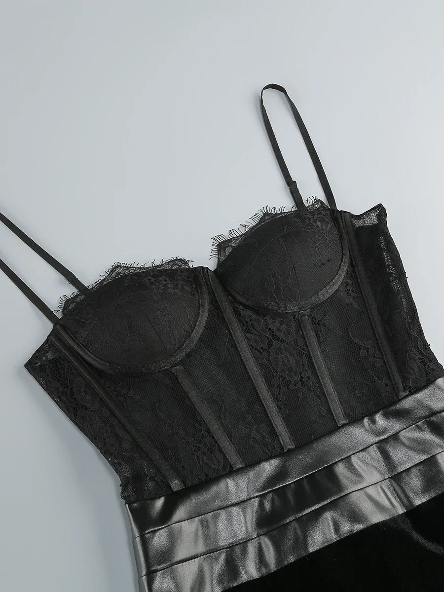 Black Color Women Sleeveless Sexy Strap Lace Bodycon Long Dress Valentine's Day Celebrate Birthday Vacation Outfit Vestido