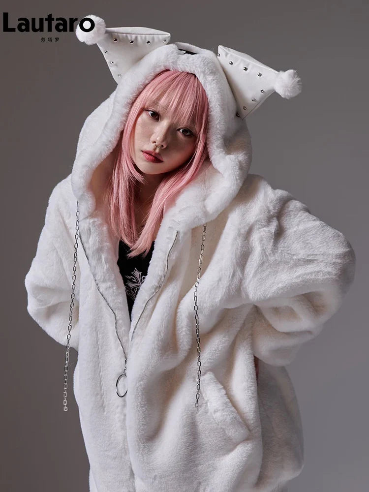Winter Oversized Warm Thick White Faux Fur Coat Women with Hood Sweet Cute Kawaii Japanese Style Fashion Fluffy Jacket White