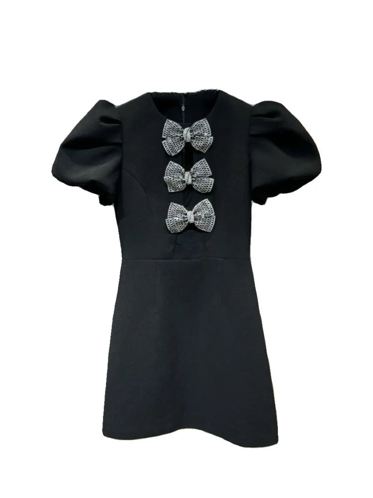 DEAT Fashion New Items Women's Diamonds Bows Hollow Out Spring Trendy Round Neck Puff Sleeves Dresses Female 11XX8796