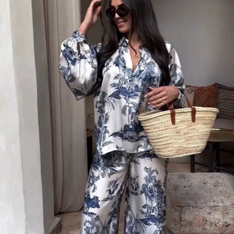 Elegant Satin Blue Print Pants 2 Piece Sets Women Fashion lantern Sleeves Shirt Wide Leg Pant Suits Loose Causal Streetwear