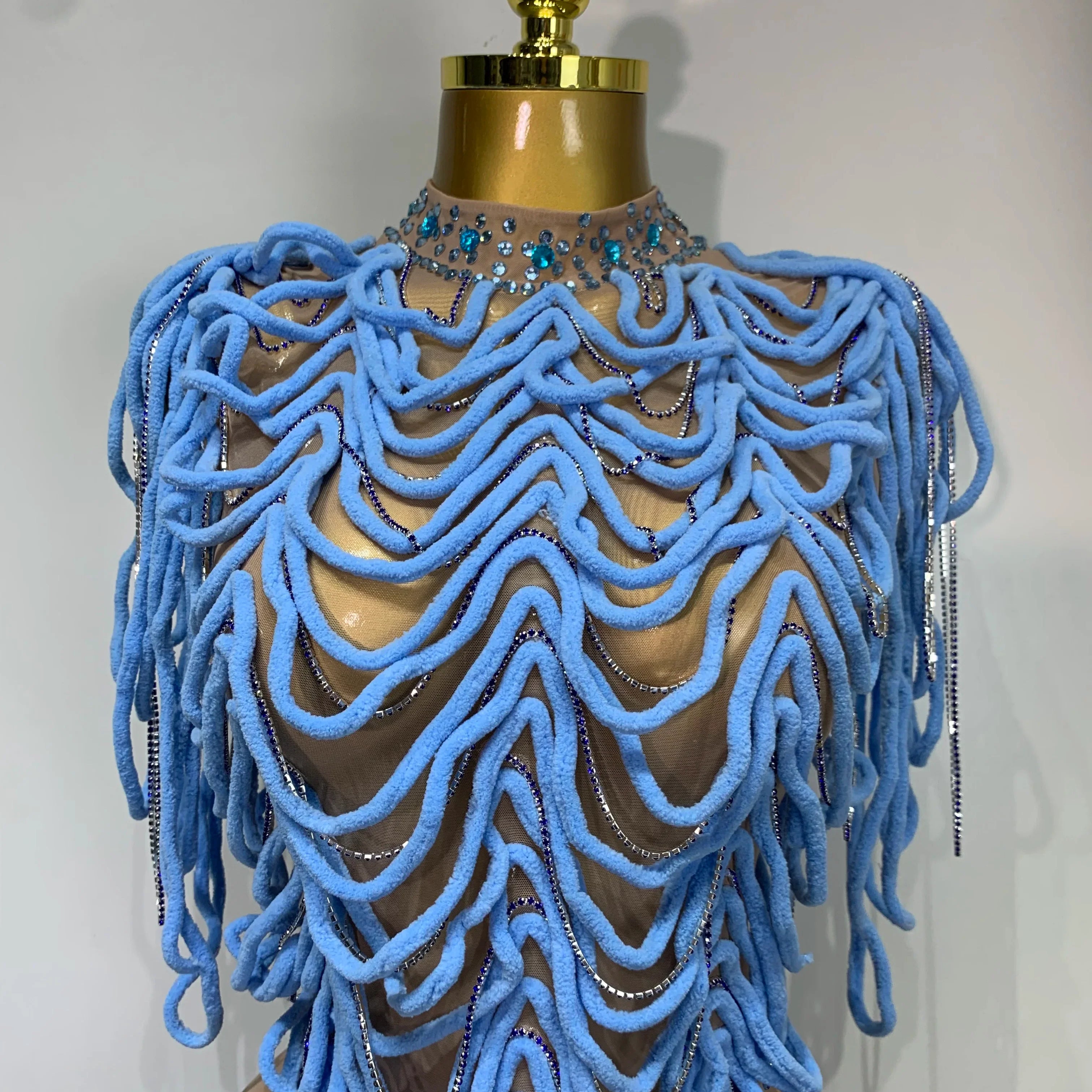Women Sexy Mesh See Through Sparkly Rhinestones Chain Stage Costume Nightclub Celebrate Evening Party Performance Outfit