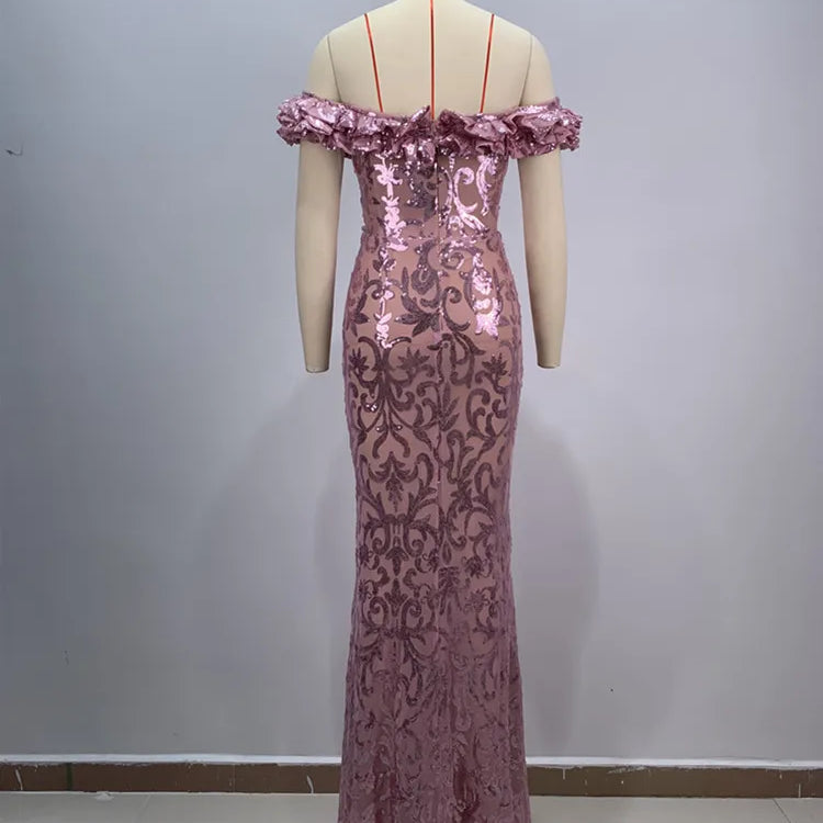 Luxury Sexy Off Shoulder Ruffles Pink Mesh Sequins Maxi Long Women Celebrity Dress 2024 Elegant Party Evening Club Vestido