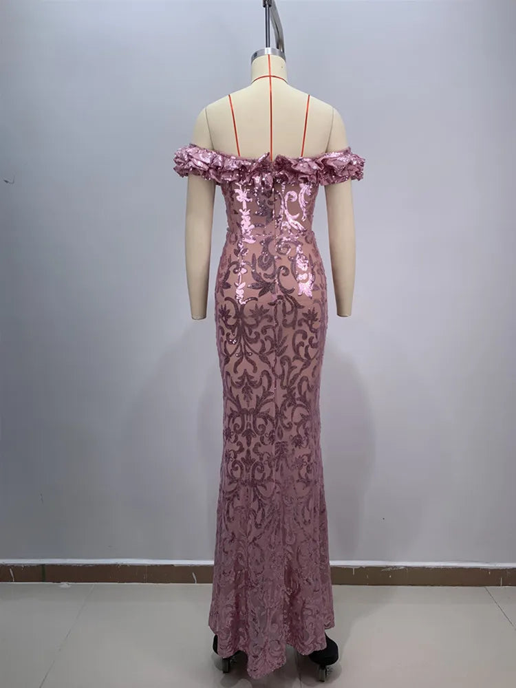 Luxury Sexy Off Shoulder Ruffles Pink Mesh Sequins Maxi Long Women Celebrity Dress 2024 Elegant Party Evening Club Vestido