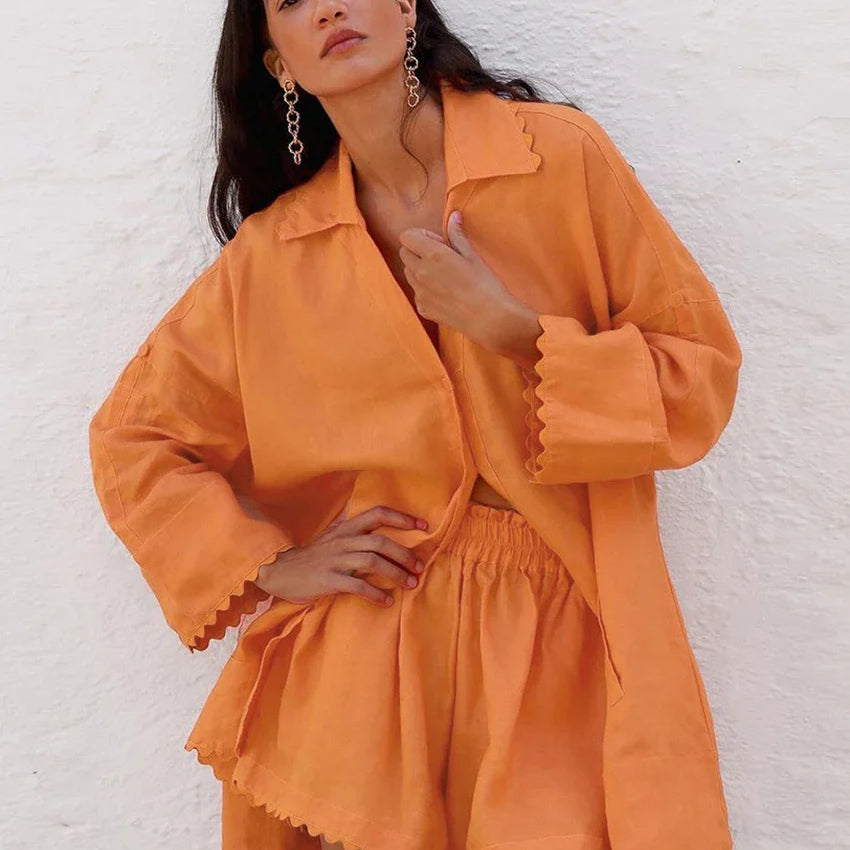 Clacive Casual Loose Orange Cotton 2 Piece Sets Women Outfit Fashion Long Sleeve Shirt With High Waist Ruffle Shorts Set Orange