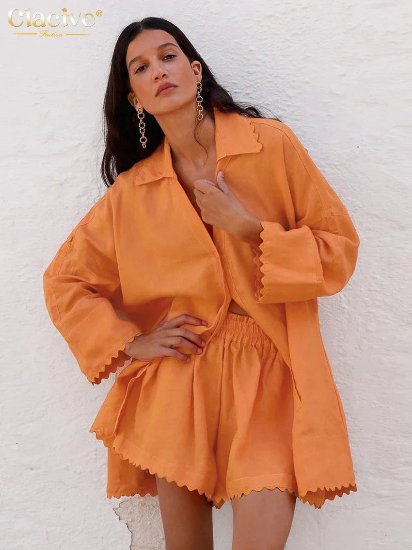 Clacive Casual Loose Orange Cotton 2 Piece Sets Women Outfit Fashion Long Sleeve Shirt With High Waist Ruffle Shorts Set Orange
