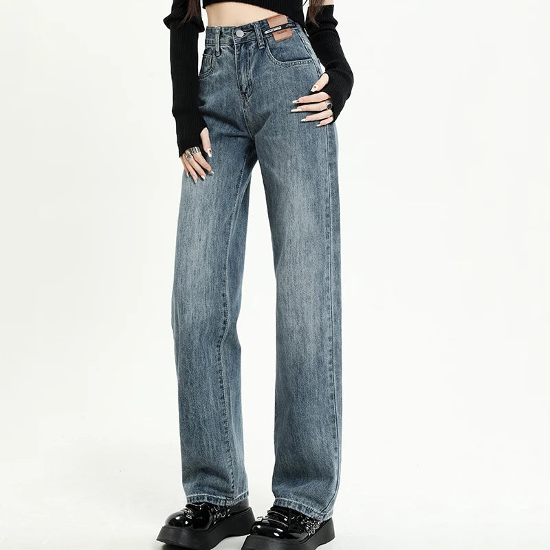 Women Jeans Denim Straight Wide Leg Pants for High Waisted Mop Trousers Brand blue Lengthen