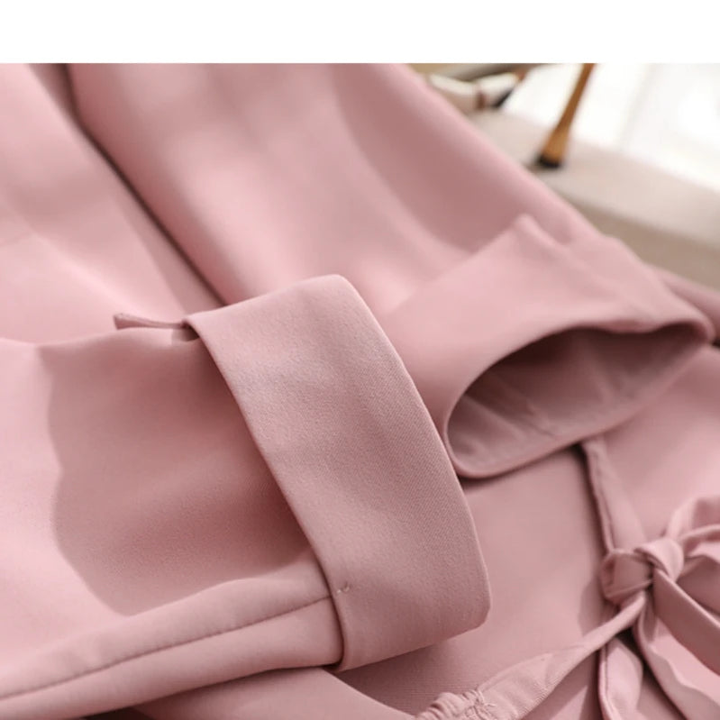 Elegant Solid Lace-up Slim Waist Dress Women Summer Straight Stand Collar Long Sleeve Office Ladies Vintage Dresses