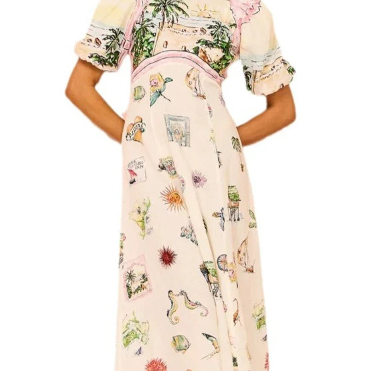 Women Casual Print Empire Waist Long Dress Short Sleeve Comfortable Loose Vintage Robe Party Club Vestidos Spring NEW