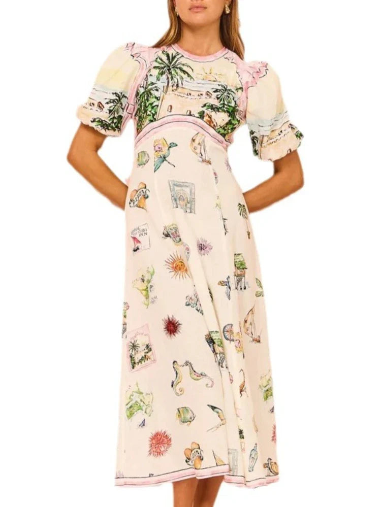 Women Casual Print Empire Waist Long Dress Short Sleeve Comfortable Loose Vintage Robe Party Club Vestidos Spring NEW