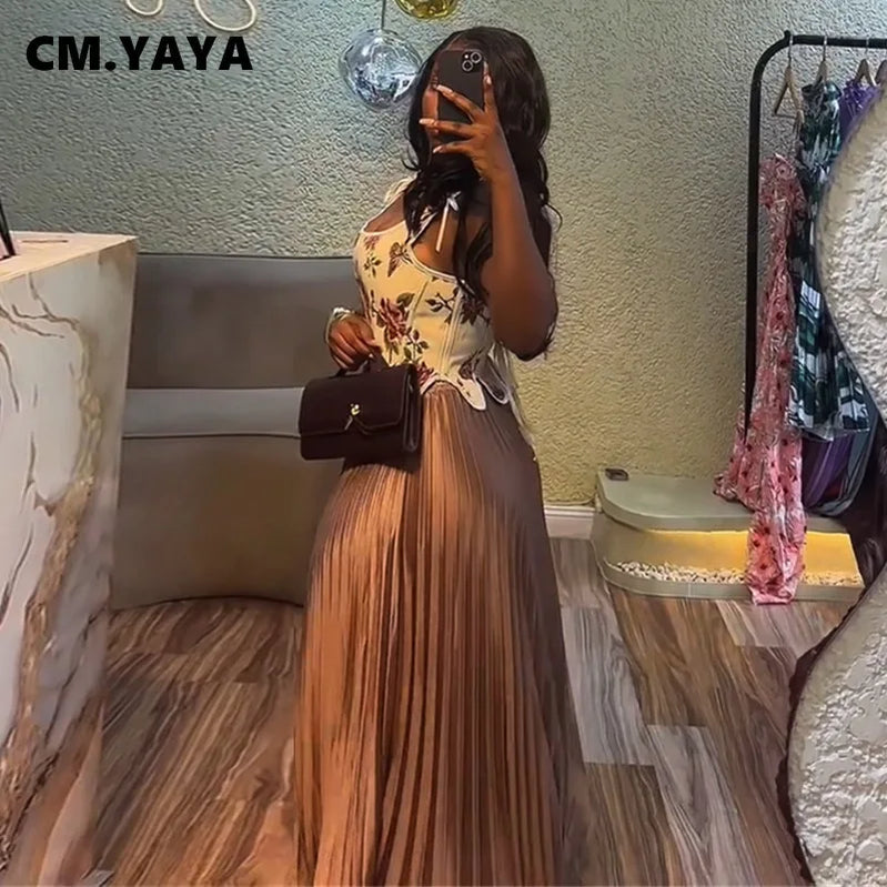CM.YAYA Women's Set Floral Print Waist-cinching Vest +Pleated Long Skirts Suit 2025 Party Evening Street Two 2 Piece Set Outfit