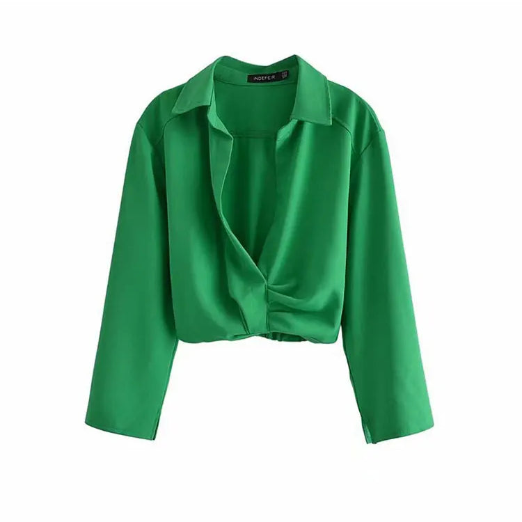 Spring Women Vintage Elegant Green Shirt Female Sexy V Neck Streetwears Blouses Casual Tie Slim Shirt Chic Top As Picture
