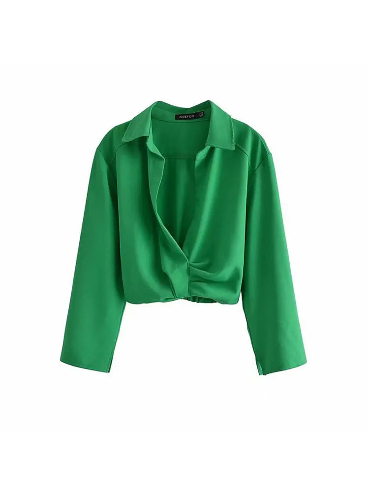 Spring Women Vintage Elegant Green Shirt Female Sexy V Neck Streetwears Blouses Casual Tie Slim Shirt Chic Top As Picture