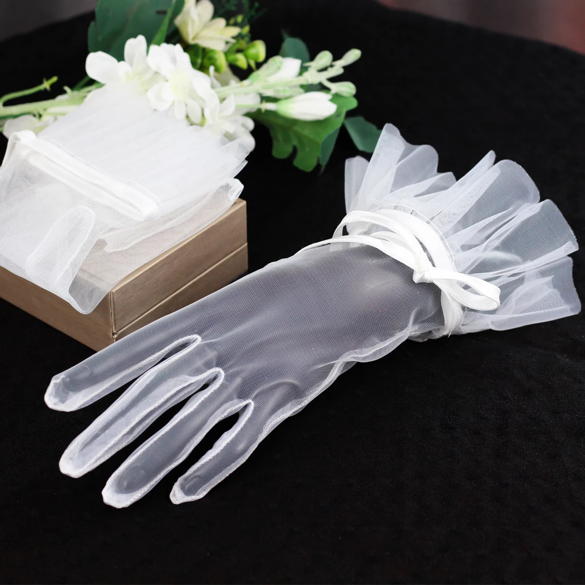 WG020 Elegant Women Wedding Bridal Short White Gloves Breathable Tulle Ribbon Bow Brides Bridesmaid Accessories