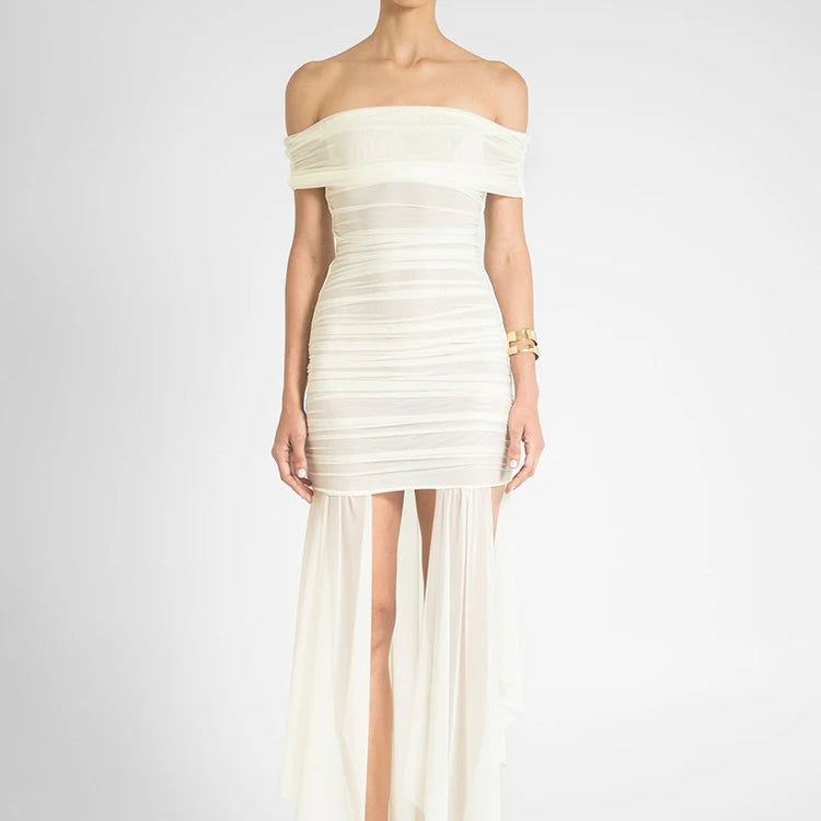 Mesh Off-shoulder Backless Sexy Maxi Dress For Women Fashion Strapless Sleeveless Split Ruched Bodycon Club Party Dress