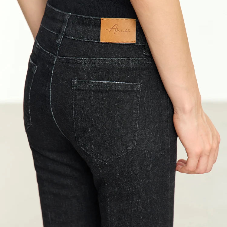 Minimalist Black Women Jeans Autumn Slim Ankle-length New Pants Asymmetrical Flare Retro Casual Trousers