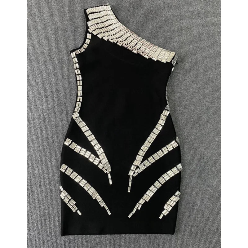 High Quality Sparkling Diamonds One Shoulder Black Mini Bandage Dress Fashion Woman Eveninbg Celebrity Birthday Party Outfit