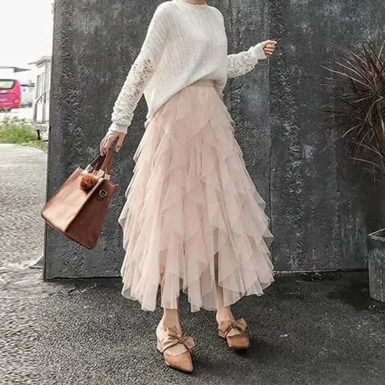 Women Tulle Mesh Skirt Elegant Elastic Waist Fairy Long A-line Tutu Skirt for Spring Summer long skirt Apricot one size