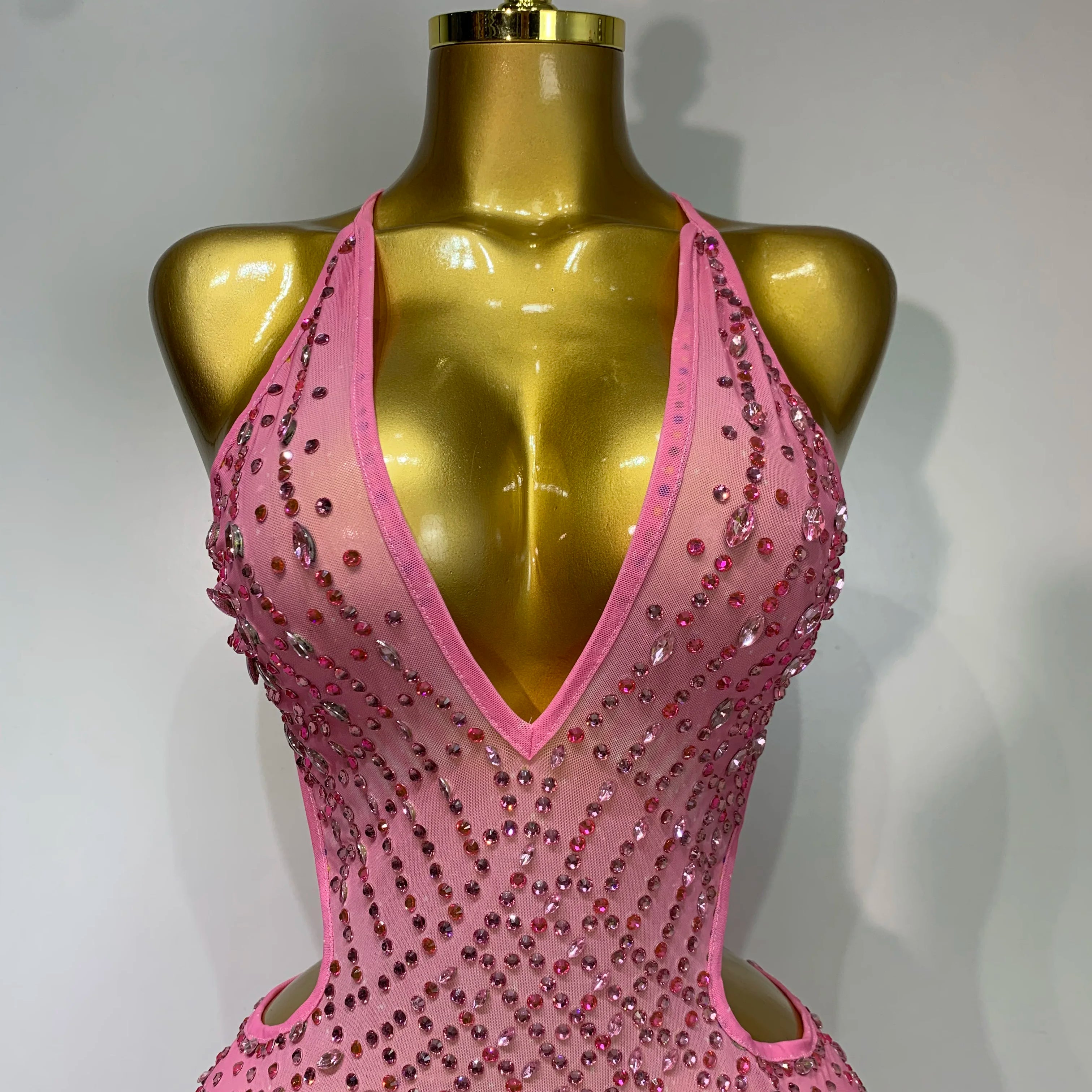 Sparkly Rhinestone Halter Mesh Transparent Dress Birthday Celebrate Evening Party Dress Women Sexy Split Backless Stage Outfit