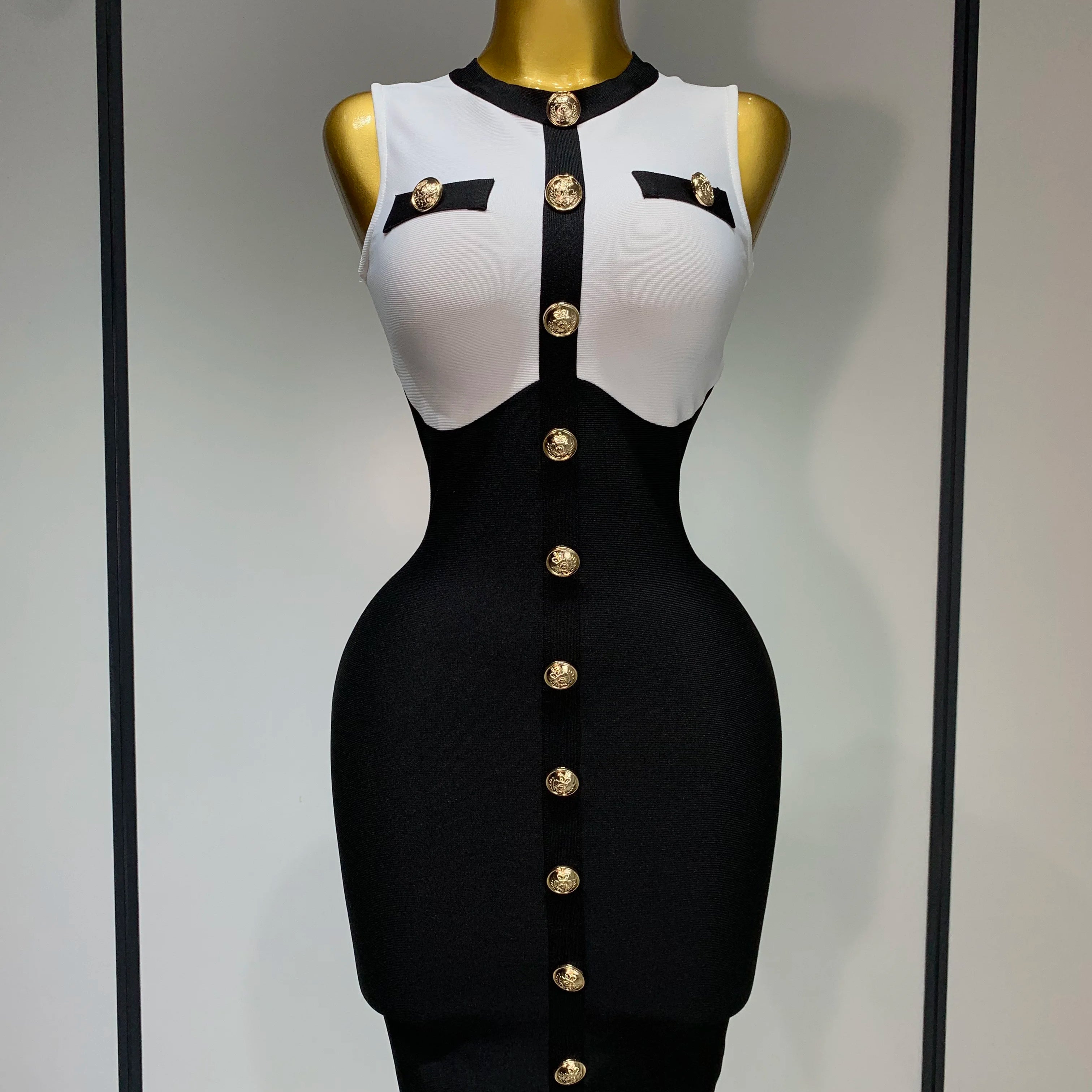2025 New Arrivals Fashionable Women Bandage Golden Buttons White Black Patchwork Sleeveless Bodycon Elegant Party Dresses