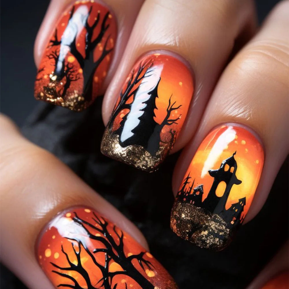 24Pcs Short Square False Nails Dark Forest Castle Design Press on Fake Nails Halloween Reusable Artificial Full Cover Nails Tips