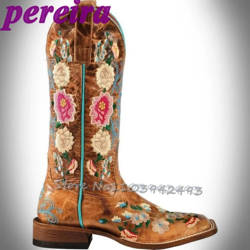 Embroidered Flower Boots Rose Garden Botas Mid-Calf Brown Square Heel Booties Cowboy Autumn Winter Zapatos Slip On Outer Shoes