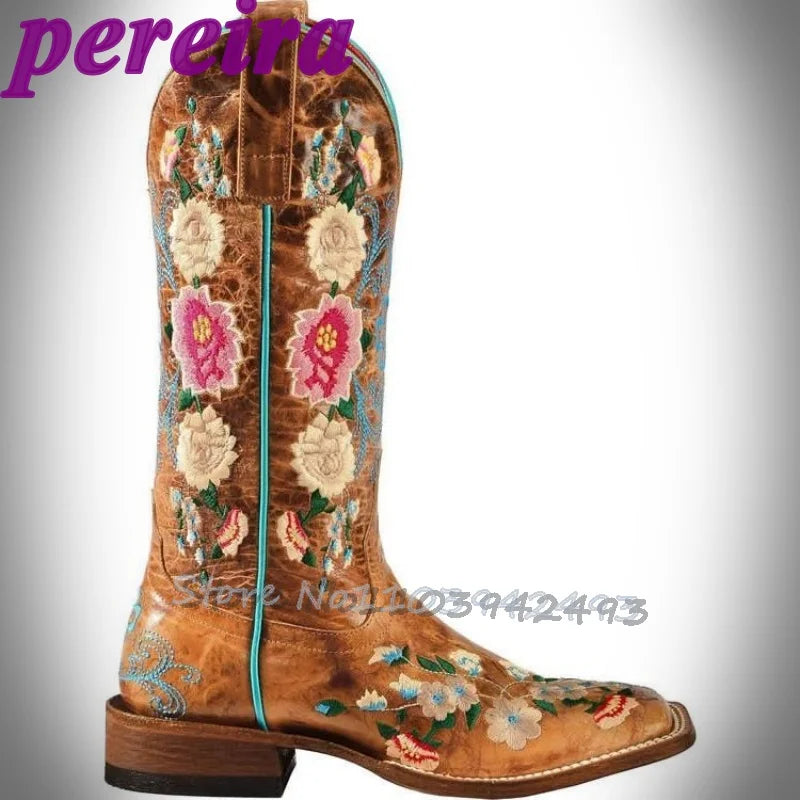 Embroidered Flower Boots Rose Garden Botas Mid-Calf Brown Square Heel Booties Cowboy Autumn Winter Zapatos Slip On Outer Shoes
