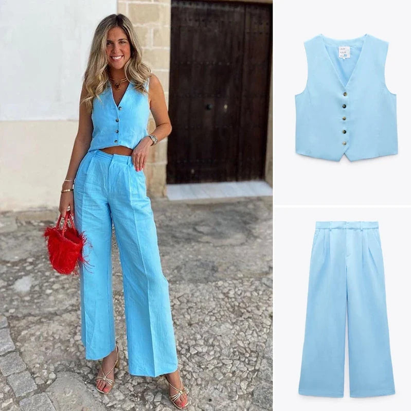 Women Blue Pants 2 Pieces Sets Fashion Linen Vest Tops+Straight Pants Office Suit Vintage Woman Two Pieces Outfit