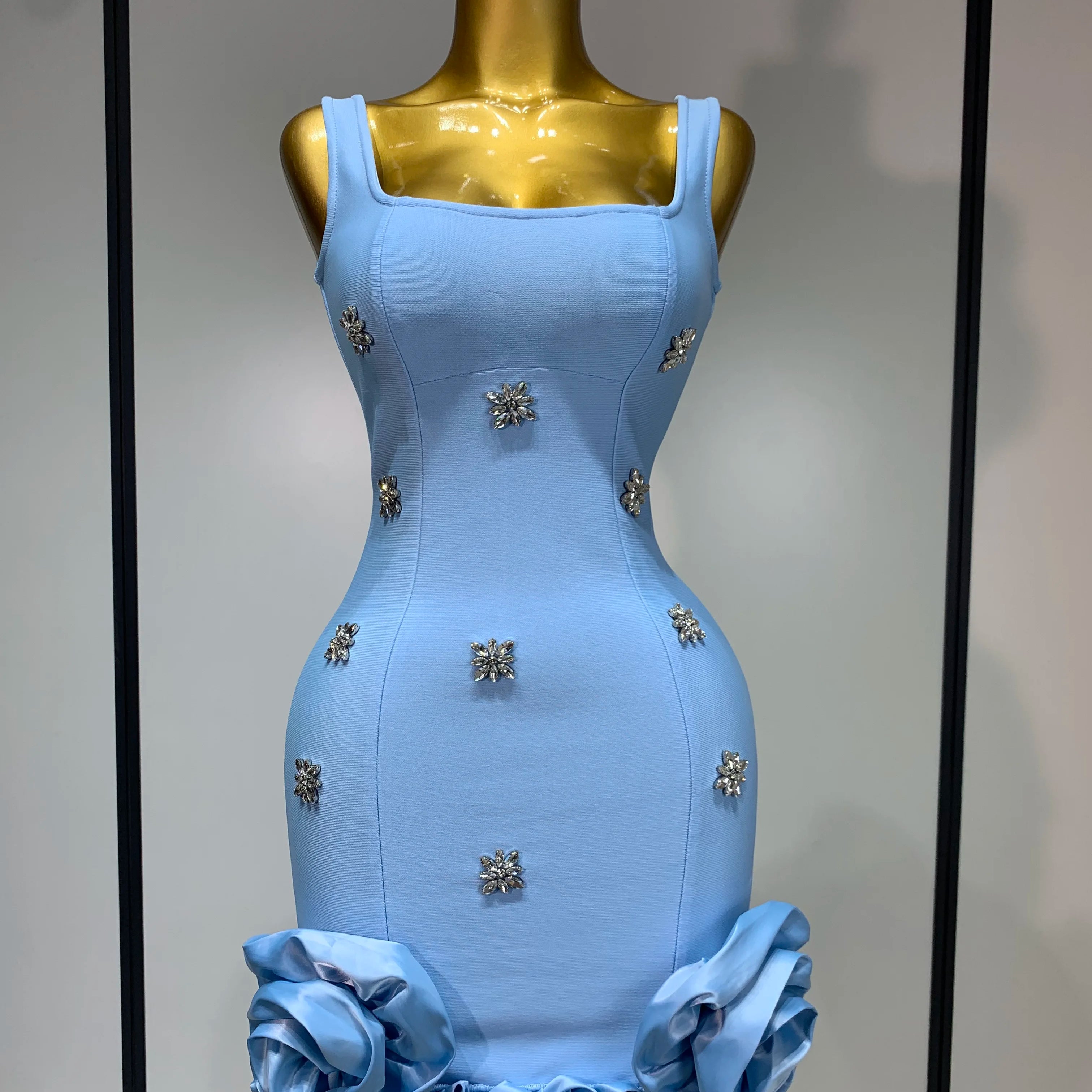 Women Sexy Square Collar Sparkly Rhinestone Bodycon Mini Bandage Dress Celebrate Evening Party Elegant Luxury Birthday Dress