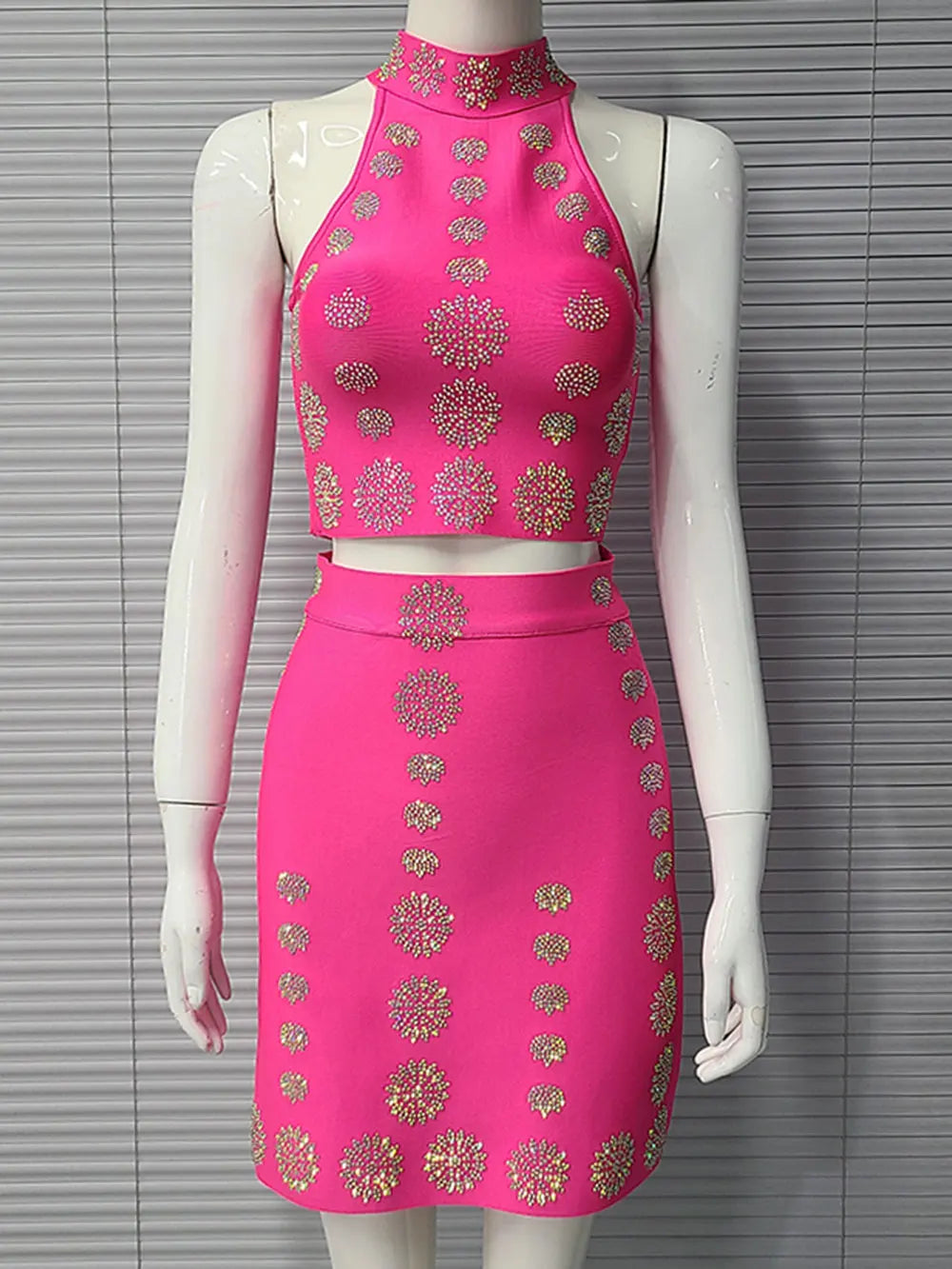 2025 Sexy Women's Hot Diamond Top+Bandage Short Skirt Sets O-neck Sleeveless Short Tank Top+High Waist Short Skirt Two Piece Set