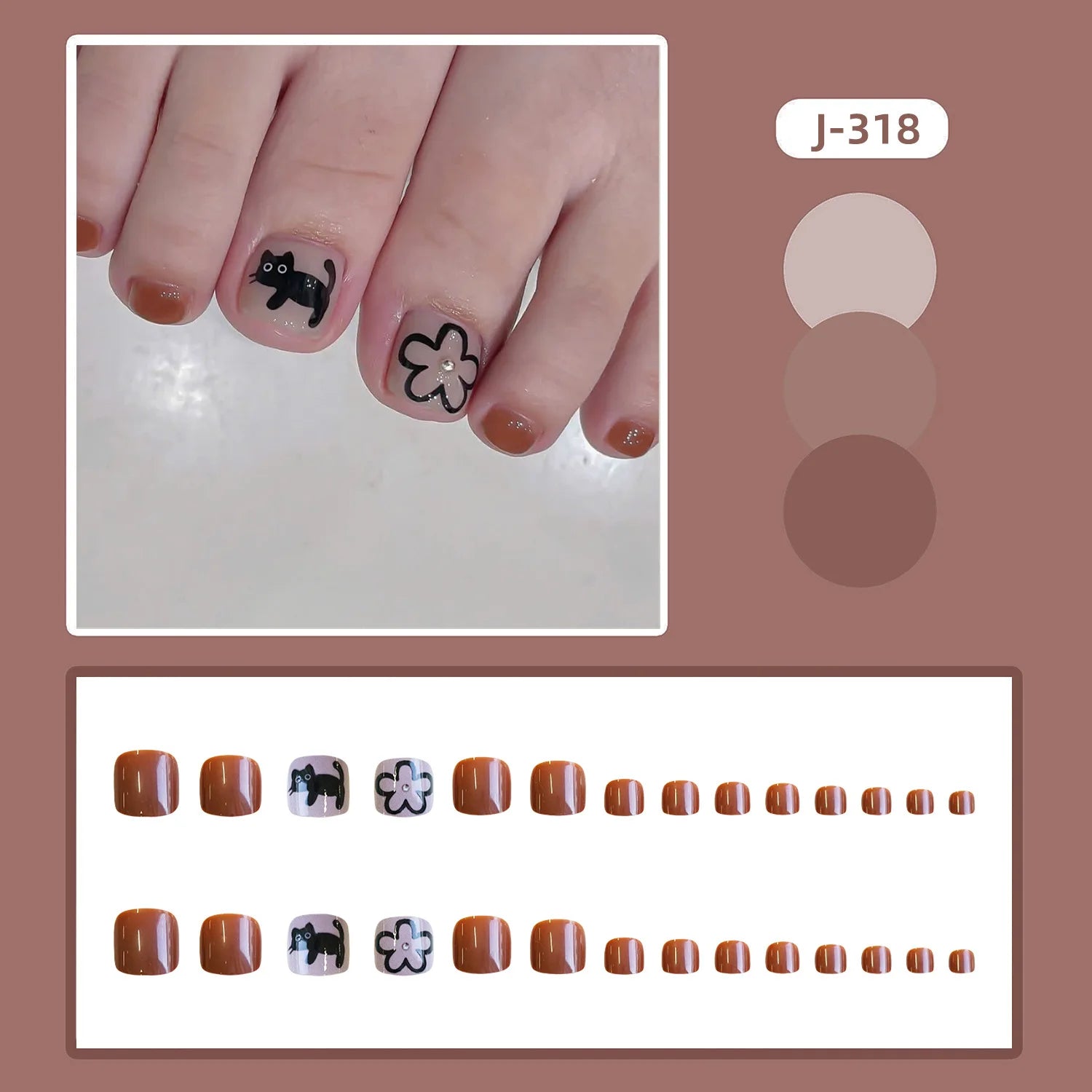 24pcs Summer Cute Press on Toenails Cartoon Cat Bear Print False Toe Nails Wearable Sweet Red Korean Style Fake Toenails