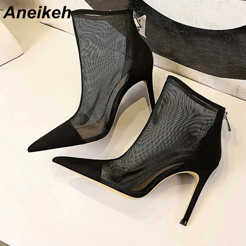 Fashion Spring Ventilation Mesh ANKLE Boots Ladies Pumps 9.5CM Thin Heels Pointed Toe ZIP Solid Women's Shoes